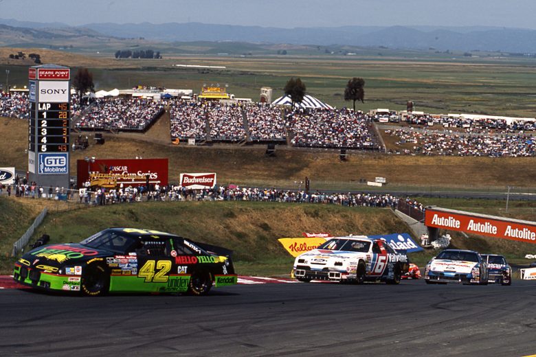 SONOMA, CA - MAY 15, 1994:  Kyle Petty (No. 42) leads Mark Martin (No. 6) during the running of the Save Mart Supermarkets 300 NASCAR Cup race at Sears Point Raceway. (Photo by ISC Images & Archives via Getty Images)