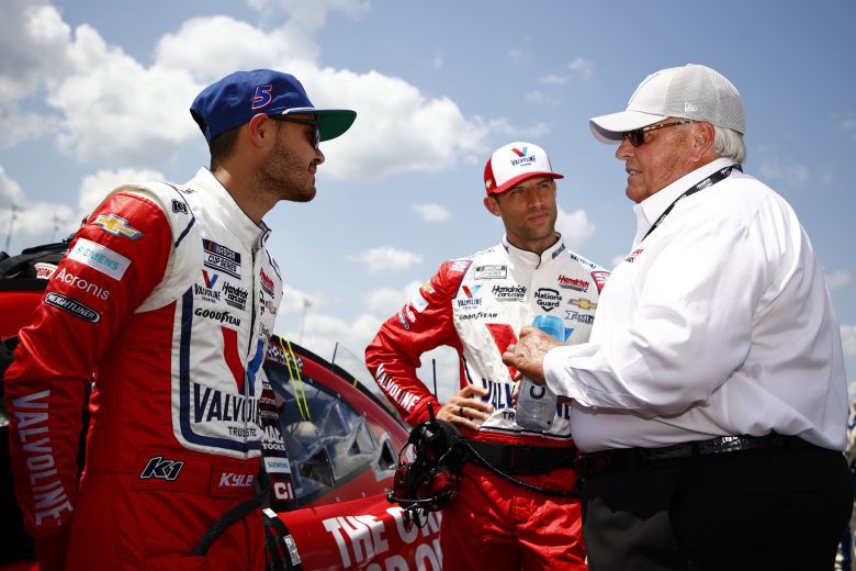 LEBANON, TENNESSEE - JUNE 20: Kyle Larson, driver of the #5 Valvoline Chevrolet, crew chief Cliff Daniels and NASCAR Hall of Famer and team owner Rick Hendrick talk on the grid prior to the NASCAR Cup Series Ally 400 at Nashville Superspeedway on June 20, 2021 in Lebanon, Tennessee. (Photo by Jared C. Tilton/Getty Images) | Getty Images