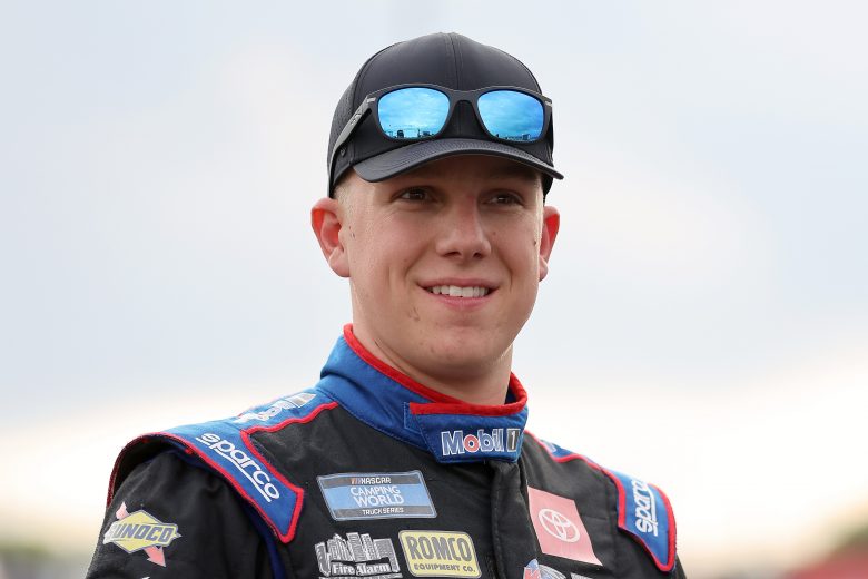 KNOXVILLE, IOWA - JULY 09: John Hunter Nemechek, driver of the #4 Mobil 1 Toyota, waits on the grid prior to the NASCAR Camping World Truck Series Corn Belt 150 presented by Premier Chevy Dealers at Knoxville Raceway on July 09, 2021 in Knoxville, Iowa. (Photo by James Gilbert/Getty Images) | Getty Images