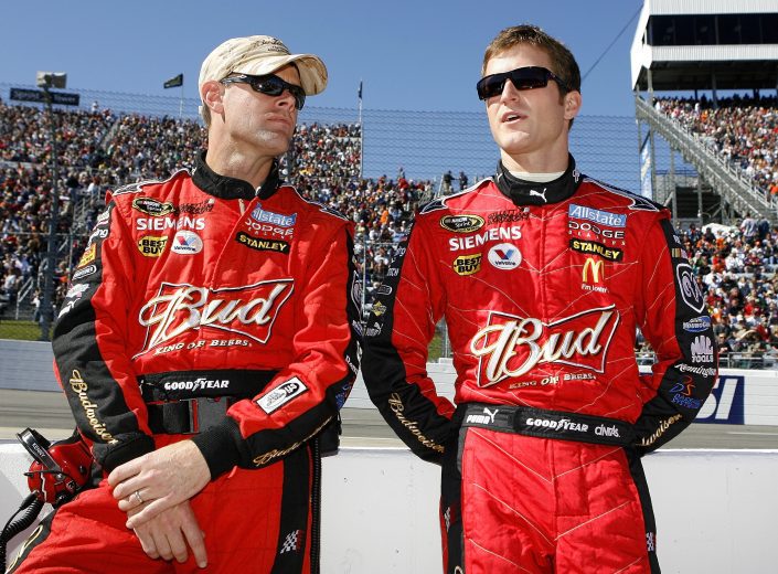 MARTINSVILLE, VA - OCTOBER 19: Kasey Kahne (R), driver of the #9 Budweiser Dodge, speaks with crew chief Kenny Francis (L), prior to the NASCAR Sprint Cup Series TUMS QuikPak 500 at Martinsville Speedway on October 19, 2008 in Martinsville, Virginia. (Photo by Jason Smith/Getty Images for NASCAR) | Getty Images