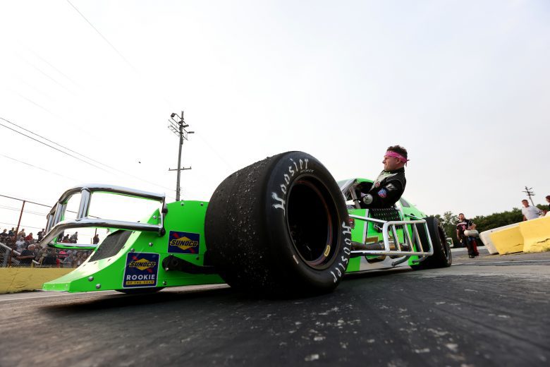 Andy Jankowiak, driver of the #59 BNP Machine Chevrolet, gets out of his car prior to the Nu Way Auto Parts 150 for the NASCAR Whelen Modified Tour at New York International Raceway Park in Lancaster, New York on July 31, 2021. (Bryan Bennett/NASCAR)