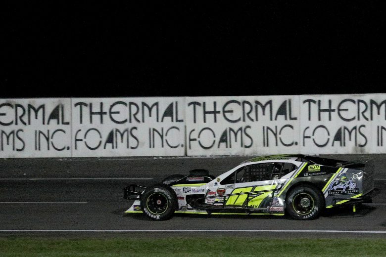 Patrick Emerling, driver of the #07 Captain Pip's Marina & Hideaway Troyer, races during the Nu Way Auto Parts 150 for the NASCAR Whelen Modified Tour at New York International Raceway Park in Lancaster, New York on July 31, 2021. (Bryan Bennett/NASCAR)