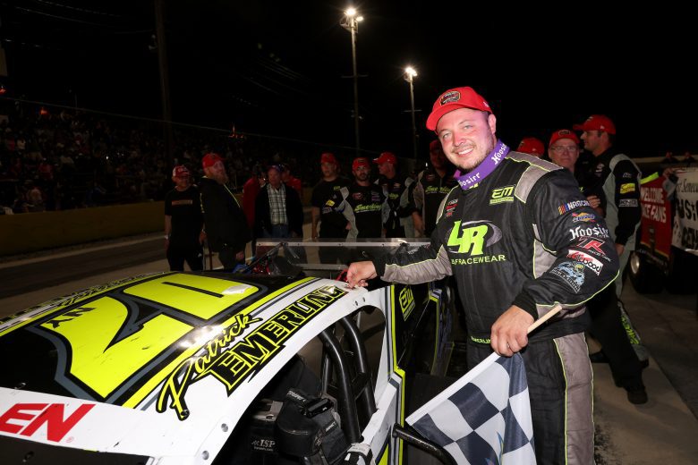 Patrick Emerling, driver of the #07 Captain Pip's Marina & Hideaway Troyer, celebrates after winning the Nu Way Auto Parts 150 for the NASCAR Whelen Modified Tour at New York International Raceway Park in Lancaster, New York on July 31, 2021. (Bryan Bennett/NASCAR)