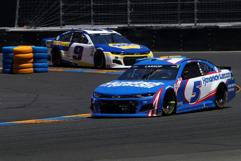 SONOMA, CALIFORNIA - JUNE 06: Kyle Larson, driver of the #5 HendrickCars.com Chevrolet, and Chase Elliott, driver of the #9 NAPA Auto Parts Chevrolet, race during the NASCAR Cup Series Toyota/Save Mart 350 at Sonoma Raceway on June 06, 2021 in Sonoma, California. (Photo by Maddie Meyer/Getty Images) | Getty Images