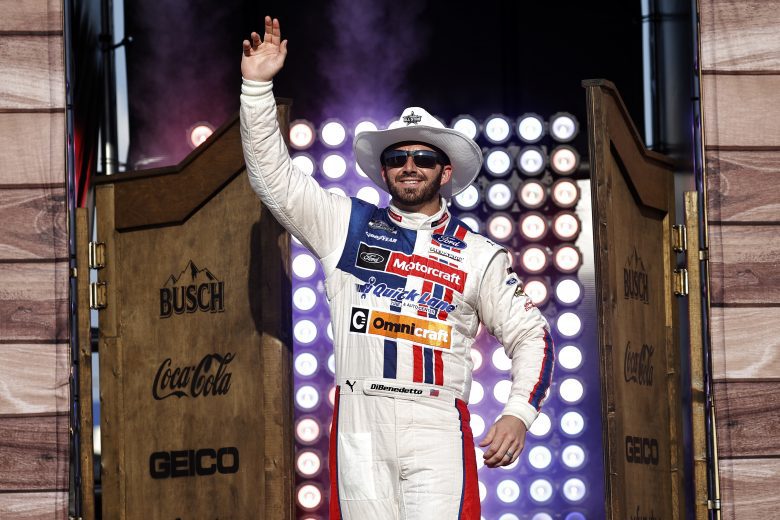 FORT WORTH, TEXAS - JUNE 13: Matt DiBenedetto, driver of the #21 Quick Lane Tire & Auto Center Ford, gives a thumbs up on stage during driver intros prior to the NASCAR All-Star Race at Texas Motor Speedway on June 13, 2021 in Fort Worth, Texas. (Photo by Chris Graythen/Getty Images) | Getty Images