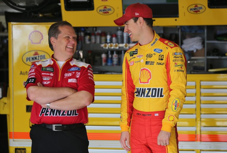 HAMPTON, GA - FEBRUARY 23: Joey Logano, driver of the #22 Shell Pennzoil Ford, speaks with his crew chief Todd Gordon during practice for the Monster Energy NASCAR Cup Series Folds of Honor QuikTrip 500 at Atlanta Motor Speedway on February 23, 2018 in Hampton, Georgia. (Photo by Jerry Markland/Getty Images) | Getty Images