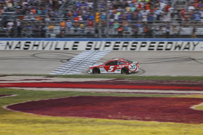 LEBANON, TENNESSEE - JUNE 20: Kyle Larson, driver of the #5 Valvoline Chevrolet, crosses the finish line to win the NASCAR Cup Series Ally 400 at Nashville Superspeedway on June 20, 2021 in Lebanon, Tennessee. (Photo by Sarah Stier/Getty Images) | Getty Images