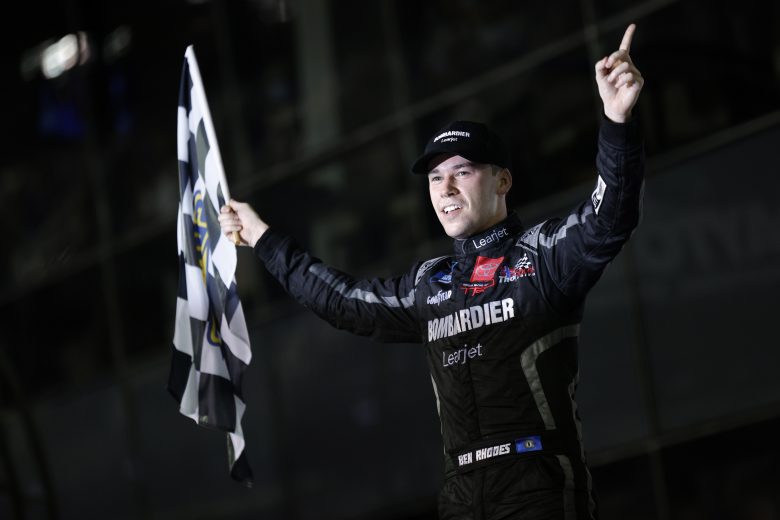 DAYTONA BEACH, FLORIDA - FEBRUARY 12: Ben Rhodes, driver of the #99 Bombardier LearJet 75 Toyota, celebrates in Victory Lane after winning the NASCAR Camping World Truck Series NextEra Energy 250 at Daytona International Speedway on February 12, 2021 in Daytona Beach, Florida. (Photo by Jared C. Tilton/Getty Images) | Getty Images