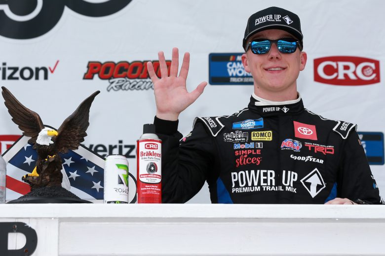 LONG POND, PENNSYLVANIA - JUNE 26: John Hunter Nemechek, driver of the #4 Power Up Premium Trail Mix Toyota, celebrates in victory lane after winning the NASCAR Camping World Truck Series CRC Brakleen 150 at Pocono Raceway on June 26, 2021 in Long Pond, Pennsylvania. (Photo by Sean Gardner/Getty Images) | Getty Images