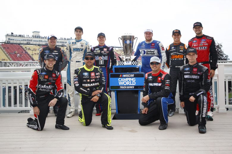 WATKINS GLEN, NEW YORK - AUGUST 07: The playoffs contenders for the NASCAR Camping World Truck Series, front row L-R: Chandler Smith, driver of the #18 Safelite AutoGlass Toyota, Matt Crafton, driver of the #88 Ideal Door/Menards Toyota, Stewart Friesen, driver of the #52 Halmar International Toyota, Ben Rhodes, driver of the #99 Bombardier LearJet 75 Toyota,  and back row L-R: Sheldon Creed, driver of the #2 Liftkits4less.com Chevrolet, Carson Hocevar, driver of the #42 Premier Security Chevrolet, John Hunter Nemechek, driver of the #4 Mobil 1 Toyota,  Austin Hill, driver of the #16 United Rentals Toyota, Zane Smith, driver of the #21 Bay Mountain Air Chevrolet, and Todd Gilliland, driver of the #38 Crosley Brands Ford,  pose for photos after the NASCAR Camping World Truck Series United Rentals 176 at Watkins Glen International on August 07, 2021 in Watkins Glen, New York. (Photo by Jared C. Tilton/Getty Images) | Getty Images
