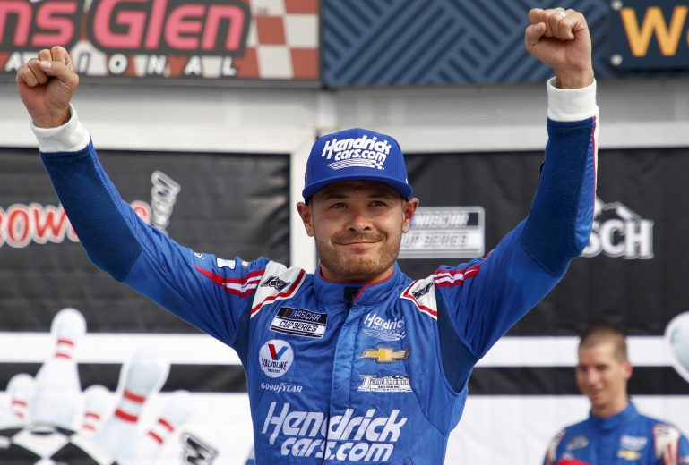 WATKINS GLEN, NEW YORK - AUGUST 08: Kyle Larson, driver of the #5 HendrickCars.com Chevrolet, celebrates in the Ruoff Mortgage victory lane after winning the NASCAR Cup Series Go Bowling at The Glen at Watkins Glen International on August 08, 2021 in Watkins Glen, New York. (Photo by Jared C. Tilton/Getty Images) | Getty Images