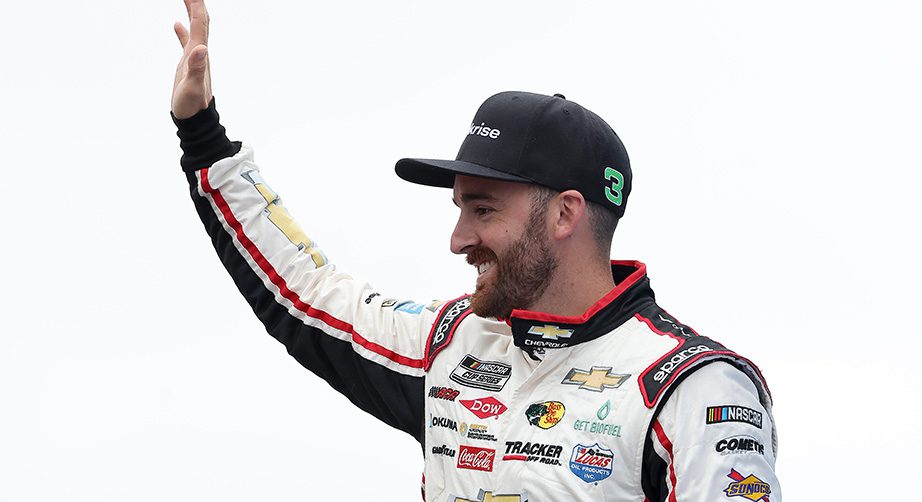 LOUDON, NEW HAMPSHIRE - JULY 18: Austin Dillon, driver of the #3 Chevrolet, waves to fans on stage during pre-race ceremonies prior to the NASCAR Cup Series  Foxwoods Resort Casino 301 at New Hampshire Motor Speedway on July 18, 2021 in Loudon, New Hampshire. (Photo by James Gilbert/Getty Images) | Getty Images