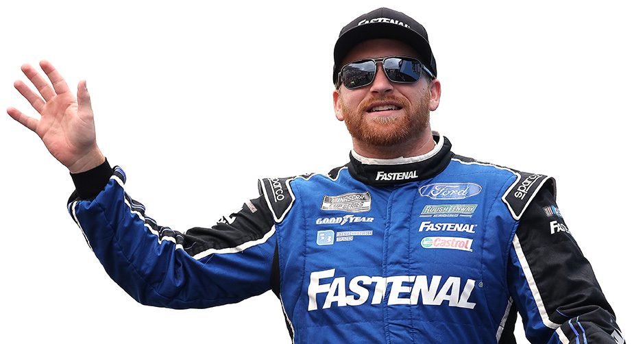 LOUDON, NEW HAMPSHIRE - JULY 18:  Chris Buescher, driver of the #17 Fastenal Ford, waves to fans on stage during pre-race ceremonies prior to the NASCAR Cup Series  Foxwoods Resort Casino 301 at New Hampshire Motor Speedway on July 18, 2021 in Loudon, New Hampshire. (Photo by James Gilbert/Getty Images) | Getty Images
