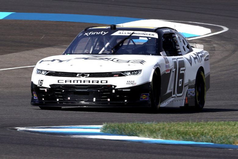 INDIANAPOLIS, INDIANA - AUGUST 14: AJ Allmendinger, driver of the #16 Hyperice Chevrolet, drives during qualifying for the NASCAR Xfinity Series Pennzoil 150 at the Brickyard at Indianapolis Motor Speedway on August 14, 2021 in Indianapolis, Indiana. (Photo by Stacy Revere/Getty Images) | Getty Images