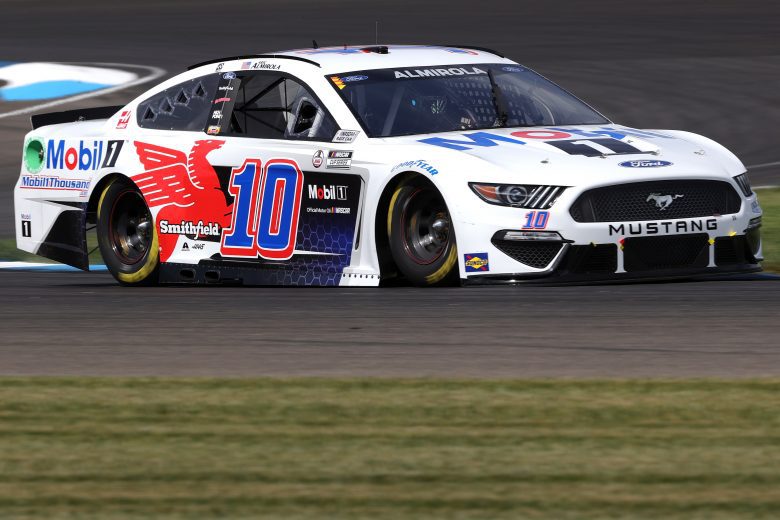 INDIANAPOLIS, INDIANA - AUGUST 14: Aric Almirola, driver of the #10 Mobil 1 Ford, drives during practice for the NASCAR Cup Series Verizon 200 at the Brickyard at Indianapolis Motor Speedway on August 14, 2021 in Indianapolis, Indiana. (Photo by Stacy Revere/Getty Images) | Getty Images