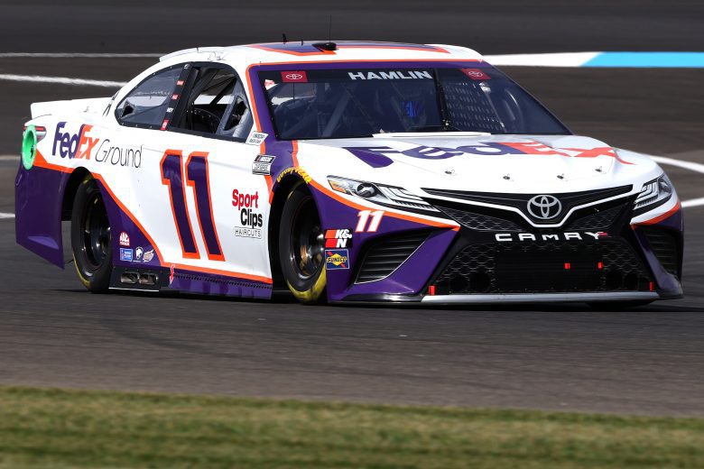INDIANAPOLIS, INDIANA - AUGUST 14: Denny Hamlin, driver of the #11 FedEx Ground Toyota, drives during practice for the NASCAR Cup Series Verizon 200 at the Brickyard at Indianapolis Motor Speedway on August 14, 2021 in Indianapolis, Indiana. (Photo by Stacy Revere/Getty Images) | Getty Images