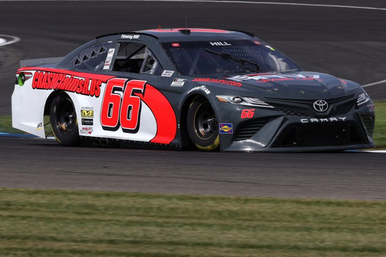 INDIANAPOLIS, INDIANA - AUGUST 14: Timmy Hill, driver of the #66 AAW Luxury Cars/CrashClaims Toyota, drives during practice for the NASCAR Cup Series Verizon 200 at the Brickyard at Indianapolis Motor Speedway on August 14, 2021 in Indianapolis, Indiana. (Photo by Stacy Revere/Getty Images) | Getty Images