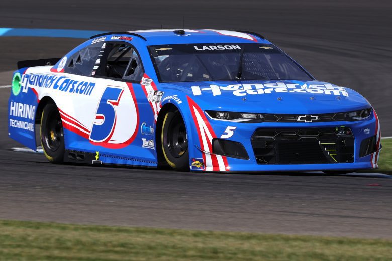 INDIANAPOLIS, INDIANA - AUGUST 14: Kyle Larson, driver of the #5 HendrickCars.com Chevrolet, drives during practice for the NASCAR Cup Series Verizon 200 at the Brickyard at Indianapolis Motor Speedway on August 14, 2021 in Indianapolis, Indiana. (Photo by Stacy Revere/Getty Images) | Getty Images