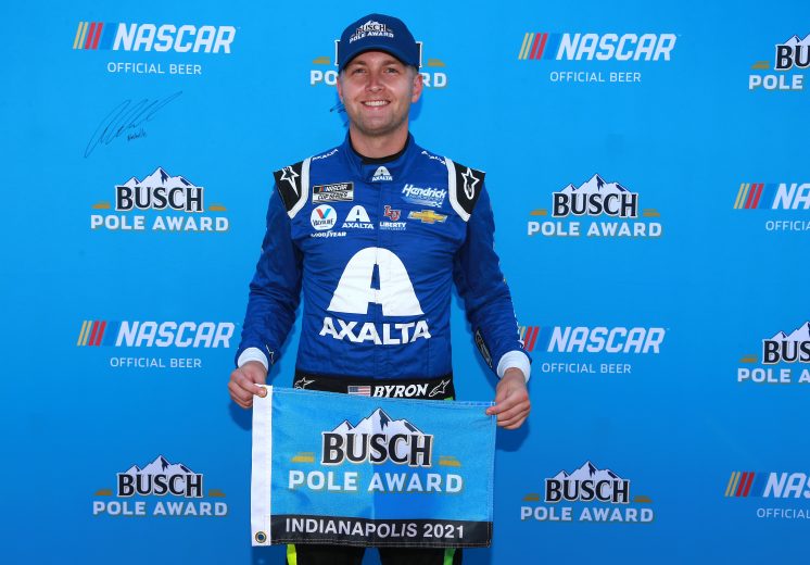 INDIANAPOLIS, INDIANA - AUGUST 15: William Byron, driver of the #24 Axalta Chevrolet, poses for photos after winning the pole award during qualifying for the NASCAR Cup Series Verizon 200 at the Brickyard at Indianapolis Motor Speedway on August 15, 2021 in Indianapolis, Indiana. (Photo by Sean Gardner/Getty Images) | Getty Images