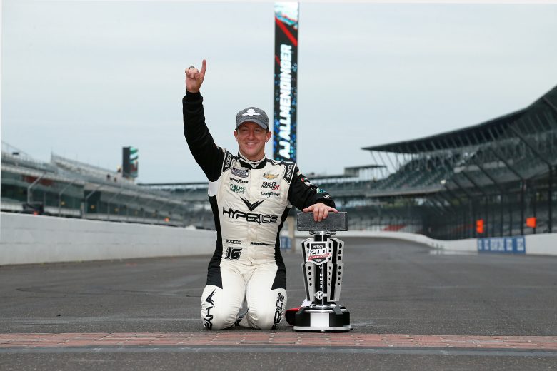 INDIANAPOLIS, INDIANA - AUGUST 15: AJ Allmendinger, driver of the #16 Hyperice Chevrolet, celebrates on the yard of bricks after winning the NASCAR Cup Series Verizon 200 at the Brickyard at Indianapolis Motor Speedway on August 15, 2021 in Indianapolis, Indiana. (Photo by Sean Gardner/Getty Images) | Getty Images
