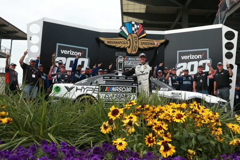 INDIANAPOLIS, INDIANA - AUGUST 15: AJ Allmendinger, driver of the #16 Hyperice Chevrolet, celebrates in victory lane after winning the NASCAR Cup Series Verizon 200 at the Brickyard at Indianapolis Motor Speedway on August 15, 2021 in Indianapolis, Indiana. (Photo by Sean Gardner/Getty Images) | Getty Images