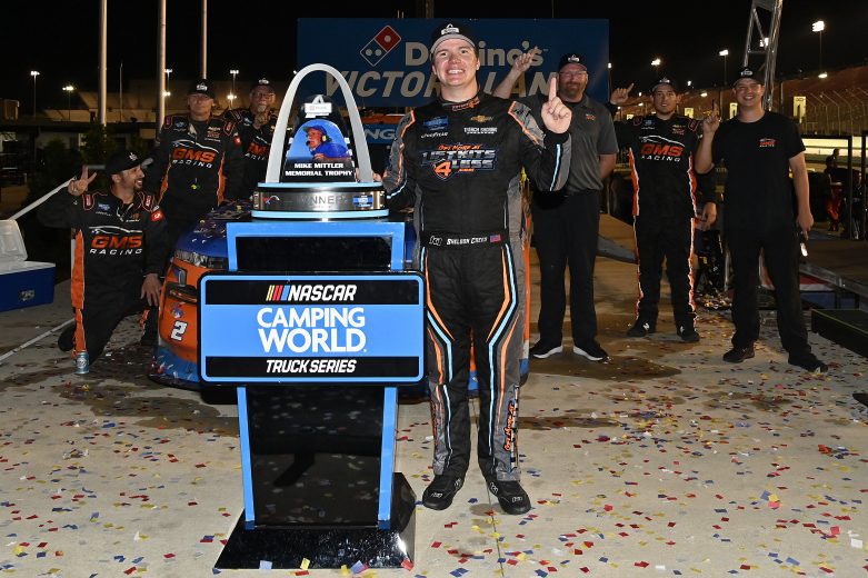 MADISON, ILLINOIS - AUGUST 20: Sheldon Creed, driver of the #2 Liftkits4less.com Chevrolet, celebrates in victory lane after winning the NASCAR Camping World Truck Series Toyota 200 presented by CK Power at Gateway Motorsports Park on August 20, 2021 in Madison, Illinois. (Photo by Jeff Curry/Getty Images) | Getty Images