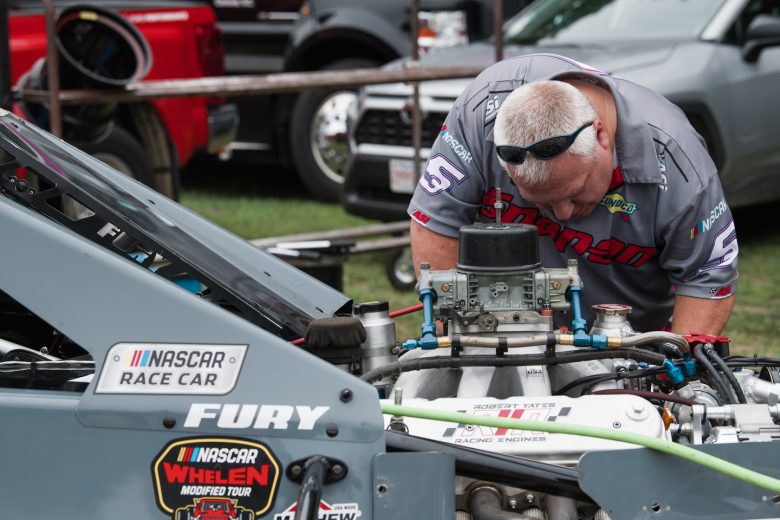 Crew for Kyle Ebersole, driver of the #5 Ebersole Excavating Inc. / Technique Chassis Ford, 
Rumble at the Ridge 200 for the NASCAR Whelen Modified Tour at Beech Ridge Motor Speedway in Scarborough, Maine on August 21, 2021. (Tristan Spinski/NASCAR)