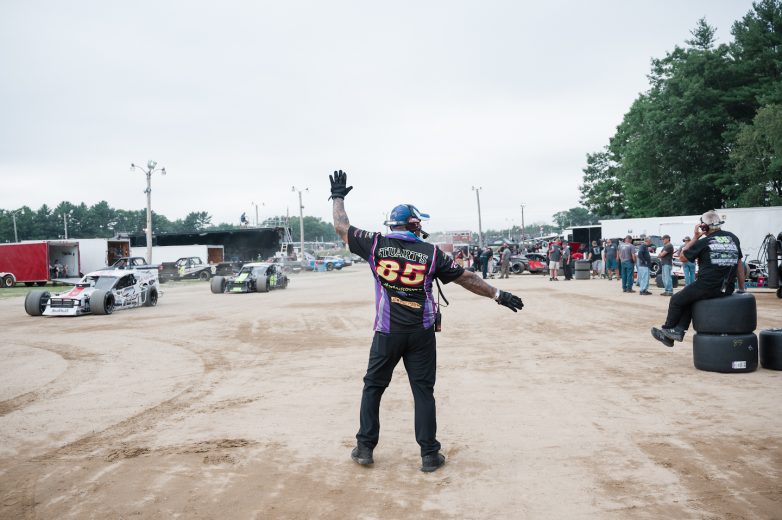Crew members work during Rumble at the Ridge 200 for the NASCAR Whelen Modified Tour at Beech Ridge Motor Speedway in Scarborough, Maine on August 21, 2021. (Tristan Spinski/NASCAR)