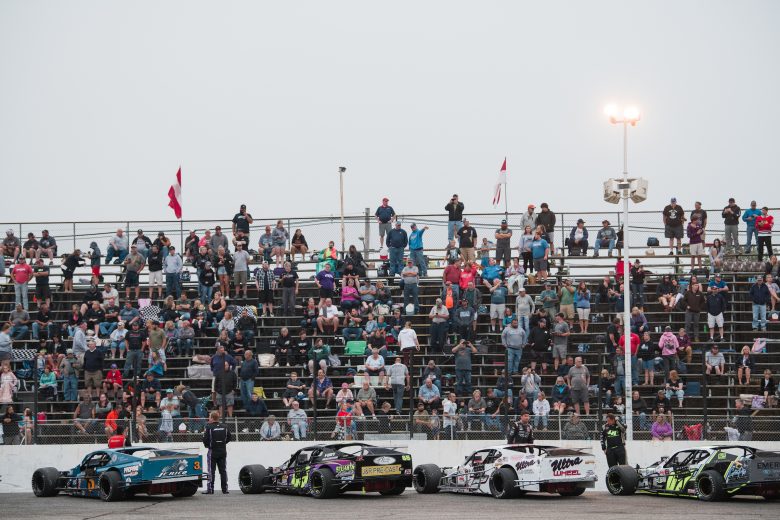 Drivers line up for introductions at the Rumble at the Ridge 200 for the NASCAR Whelen Modified Tour at Beech Ridge Motor Speedway in Scarborough, Maine on August 21, 2021. (Tristan Spinski/NASCAR)