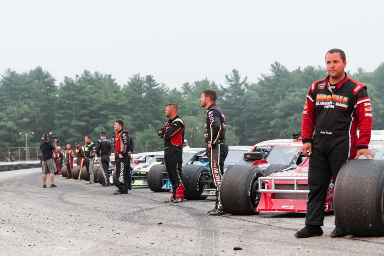 Drivers line up for introductions at the Rumble at the Ridge 200 for the NASCAR Whelen Modified Tour at Beech Ridge Motor Speedway in Scarborough, Maine on August 21, 2021. (Tristan Spinski/NASCAR)