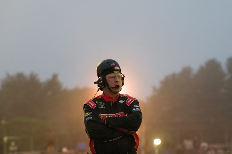Pit crews watch race action at the Rumble at the Ridge 200 for the NASCAR Whelen Modified Tour at Beech Ridge Motor Speedway in Scarborough, Maine on August 21, 2021. (Tristan Spinski/NASCAR)