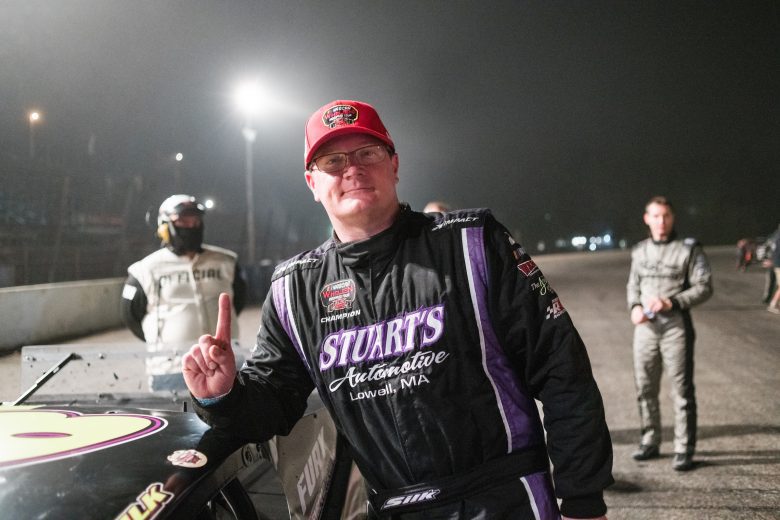 Winner Ron Silk, driver of the #85 Stuart's Automotive Chevrolet, at Rumble at the Ridge 200 for the NASCAR Whelen Modified Tour at Beech Ridge Motor Speedway in Scarborough, Maine on August 21, 2021. (Tristan Spinski/NASCAR)