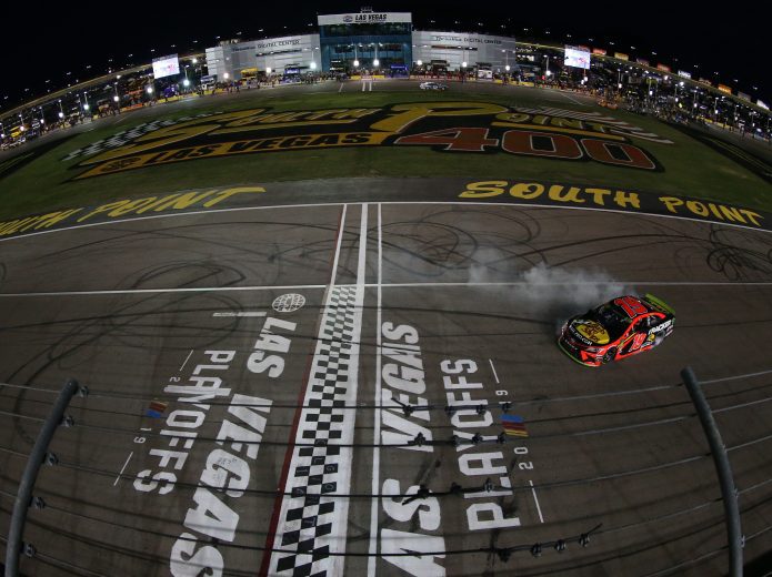 LAS VEGAS, NEVADA - SEPTEMBER 15: Martin Truex Jr., driver of the #19 Bass Pro Shops Toyota, celebrates with a burnout after winning the Monster Energy NASCAR Cup Series South Point 400 at Las Vegas Motor Speedway on September 15, 2019 in Las Vegas, Nevada. (Photo by Matt Sullivan/Getty Images) | Getty Images