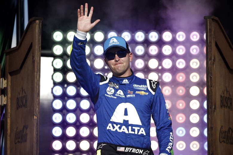 FORT WORTH, TEXAS - JUNE 13: William Byron, driver of the #24 Axalta Chevrolet, waves on stage during driver intros prior to the NASCAR All-Star Race at Texas Motor Speedway on June 13, 2021 in Fort Worth, Texas. (Photo by Chris Graythen/Getty Images) | Getty Images