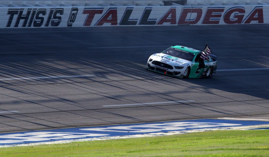 TALLADEGA, ALABAMA - APRIL 25: Brad Keselowski, driver of the #2 MoneyLion Ford, celebrates after winning the NASCAR Cup Series GEICO 500 at Talladega Superspeedway on April 25, 2021 in Talladega, Alabama. (Photo by Sean Gardner/Getty Images) | Getty Images