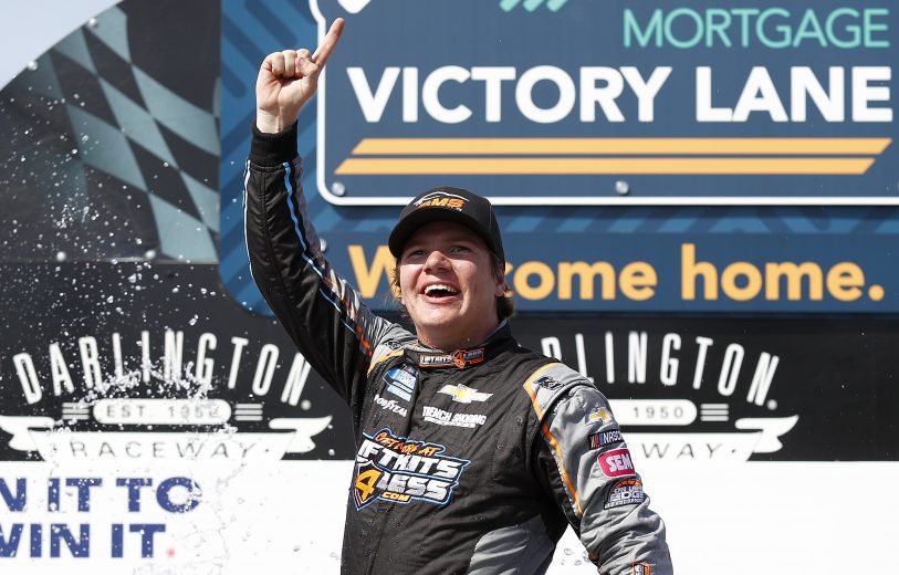 DARLINGTON, SOUTH CAROLINA - SEPTEMBER 05: Sheldon Creed, driver of the #2 Liftkits4less.com Chevrolet, celebrates in victory lane after winning the NASCAR Camping World Truck Series In It To Win It 200 at Darlington Raceway on September 05, 2021 in Darlington, South Carolina. (Photo by Jared East/Getty Images) | Getty Images