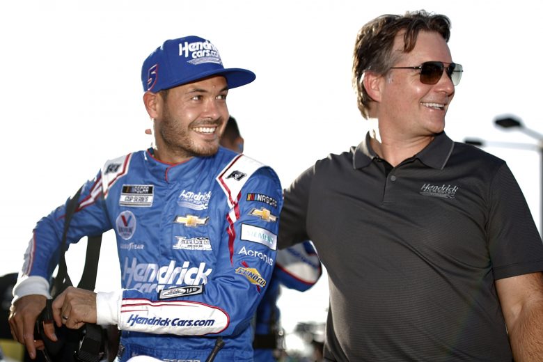 DARLINGTON, SOUTH CAROLINA - SEPTEMBER 05: Kyle Larson, driver of the #5 HendrickCars.com Chevrolet, and Jeff Gordon, Vice Chairman of Hendrick Motorsports talk on the grid prior to the NASCAR Cup Series Cook Out Southern 500 at Darlington Raceway on September 05, 2021 in Darlington, South Carolina. (Photo by Jared C. Tilton/Getty Images) | Getty Images