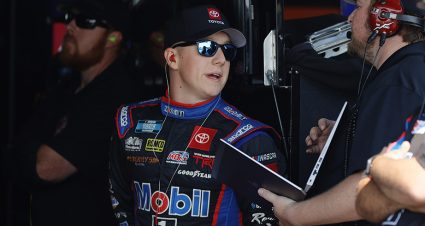 LEBANON, TENNESSEE - JUNE 18: John Hunter Nemechek, driver of the #4 Mobil 1 Toyota, talks with his crew in the garage area during practice for the NASCAR Camping World Truck Series Rackley Roofing 200 at Nashville Superspeedway on June 18, 2021 in Lebanon, Tennessee. (Photo by Sarah Stier/Getty Images) | Getty Images