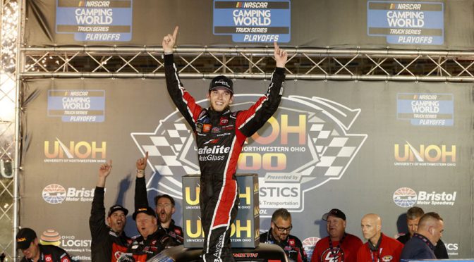 Featured image for Chandler Smith wins first career Truck Series race in thriller at Bristol to advance to Round of 8
