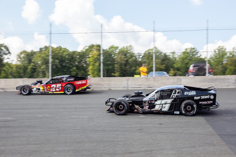 Bobby Labonte #25 and John Smith #19 in Smart Tour practice during the NASCAR Advanced Auto Parts Weekly Series at Dominion Raceway on September 18, 2021 in Woodford, Virginia. (Parker Michels-Boyce/NASCAR)