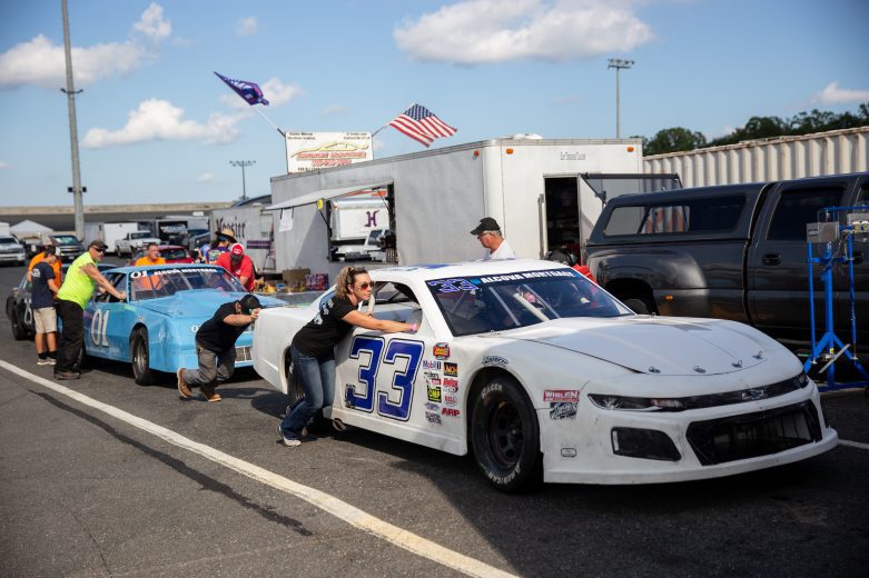Stock cars line up for inspection during the NASCAR Advanced Auto Parts Weekly Series at Dominion Raceway on September 18, 2021 in Woodford, Virginia. (Parker Michels-Boyce/NASCAR)