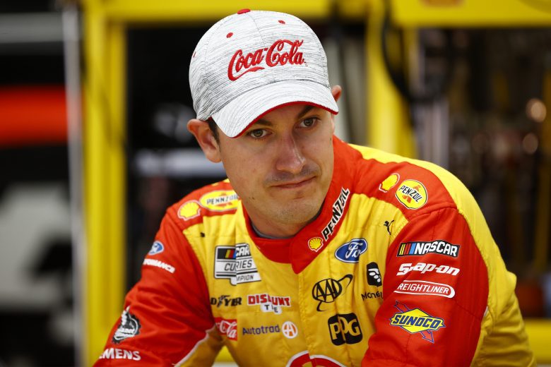CONCORD, NORTH CAROLINA - MAY 28: Joey Logano, driver of the #22 Shell Pennzoil Ford, waits in the garage area during practice for the NASCAR Cup Series Coca-Cola 600 at Charlotte Motor Speedway on May 28, 2021 in Concord, North Carolina. (Photo by Jared C. Tilton/Getty Images) | Getty Images
