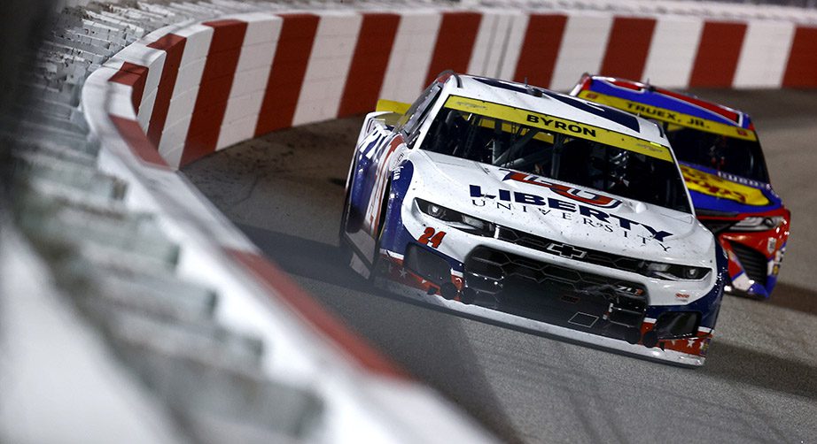 RICHMOND, VIRGINIA - SEPTEMBER 11: William Byron, driver of the #24 Liberty University Chevrolet, races Martin Truex Jr., driver of the #19 Bass Pro Shops Red White Blue Toyota, during the NASCAR Cup Series Federated Auto Parts 400 Salute to First Responders at Richmond Raceway on September 11, 2021 in Richmond, Virginia. (Photo by Jared C. Tilton/Getty Images) | Getty Images