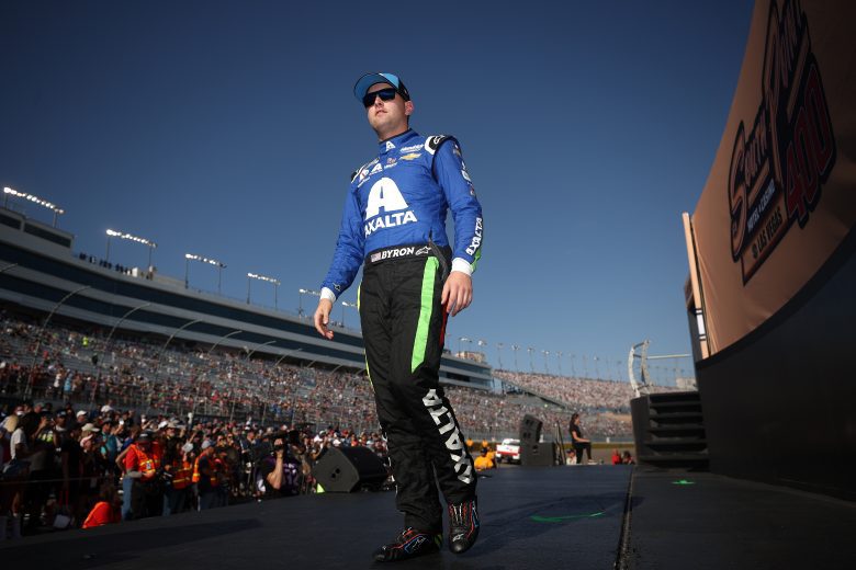 LAS VEGAS, NEVADA - SEPTEMBER 26: William Byron, driver of the #24 Axalta Chevrolet, walks the stage during pre-race ceremonies prior to the NASCAR Cup Series South Point 400 at Las Vegas Motor Speedway on September 26, 2021 in Las Vegas, Nevada. (Photo by Chris Graythen/Getty Images) | Getty Images