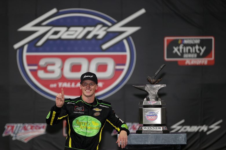TALLADEGA, ALABAMA - OCTOBER 02: Brandon Brown, driver of the #68 The Original Larry's Hard Lemonade Chevrolet,  celebrates in the Ruoff Mortgage victory lane after winning the NASCAR Xfinity Series Sparks 300 at Talladega Superspeedway on October 02, 2021 in Talladega, Alabama. (Photo by Chris Graythen/Getty Images) | Getty Images