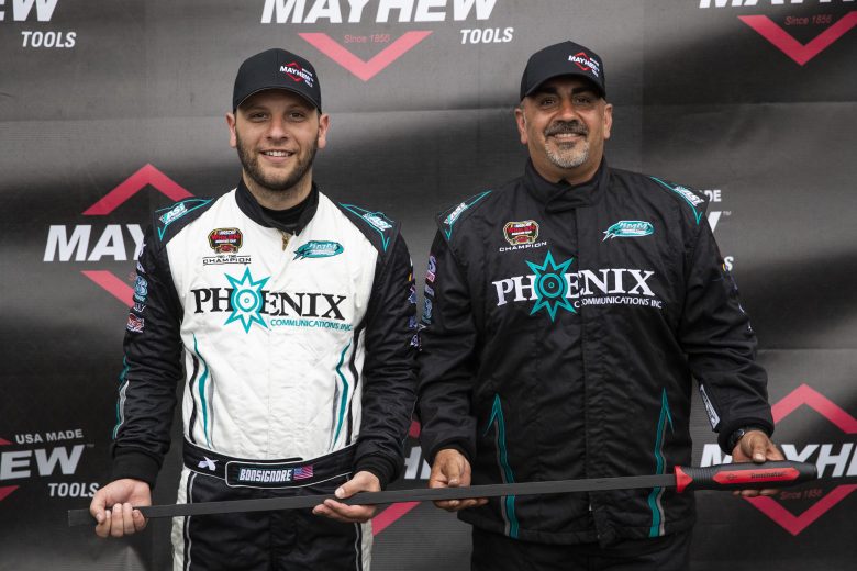 Justin Bonsignore, driver of the #51 Phoenix Communications Inc. Chevrolet, with the Pole Award in qualifying before for the Buzz Chew Chevrolet Cadillac 200 for the Whelen Modified Tour at Riverhead Raceway on June 19, 2021 in Riverhead, New York. (Adam Glanzman/NASCAR)