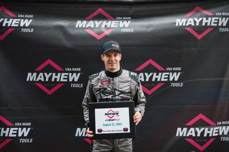 Matt Hirschman, driver of the #60 Pee Dee Motorsports Chevrolet, had the fastest qualifying time and won the poll award during the Rumble at the Ridge 200 for the NASCAR Whelen Modified Tour at Beech Ridge Motor Speedway in Scarborough, Maine on August 21, 2021. (Tristan Spinski/NASCAR)
