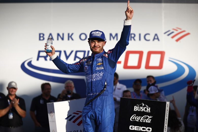 CONCORD, NORTH CAROLINA - OCTOBER 10: Kyle Larson, driver of the #5 HendrickCars.com Chevrolet, celebrates in victory lane after winning the NASCAR Cup Series Bank of America ROVAL 400 at Charlotte Motor Speedway on October 10, 2021 in Concord, North Carolina. (Photo by Jared C. Tilton/Getty Images) | Getty Images