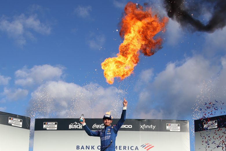 CONCORD, NORTH CAROLINA - OCTOBER 10: Kyle Larson, driver of the #5 HendrickCars.com Chevrolet, celebrates in victory lane after winning the NASCAR Cup Series Bank of America ROVAL 400 at Charlotte Motor Speedway on October 10, 2021 in Concord, North Carolina. (Photo by Jared C. Tilton/Getty Images) | Getty Images
