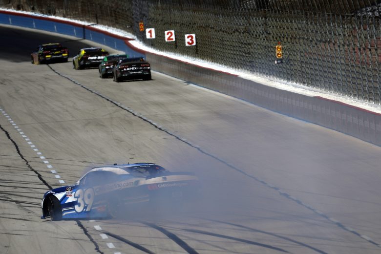 FORT WORTH, TEXAS - OCTOBER 16: Ryan Sieg, driver of the #39 CMR Construction and Roofing/A-Game Ford, spins after an on-track incident during the NASCAR Xfinity Series Andy's Frozen Custard 335 at Texas Motor Speedway on October 16, 2021 in Fort Worth, Texas. (Photo by Jared C. Tilton/Getty Images) | Getty Images